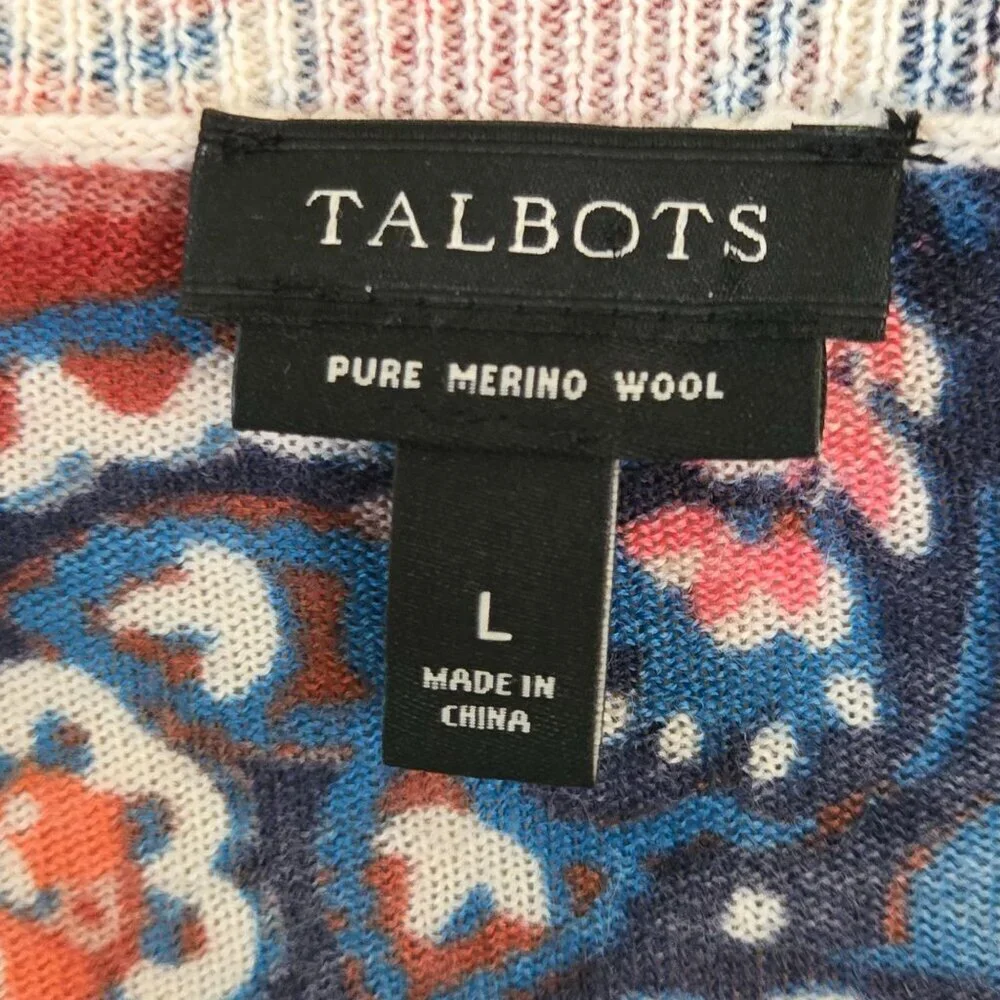 Talbots Merino Wool Blue Pink Paisley Classic Cardigan Sweater Size L